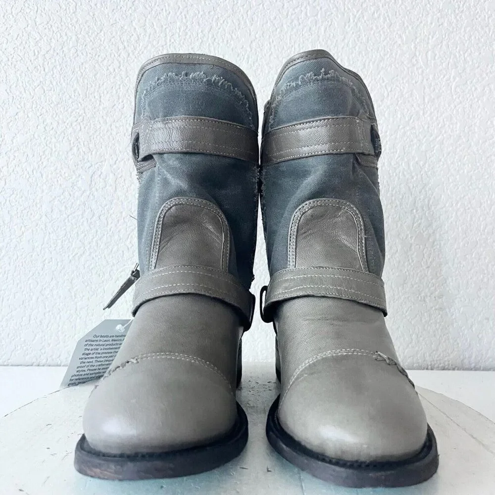 Lane Boots Womens Gray Leater Canvas Mid-Calf Western Moto Style Zip Size 7.5